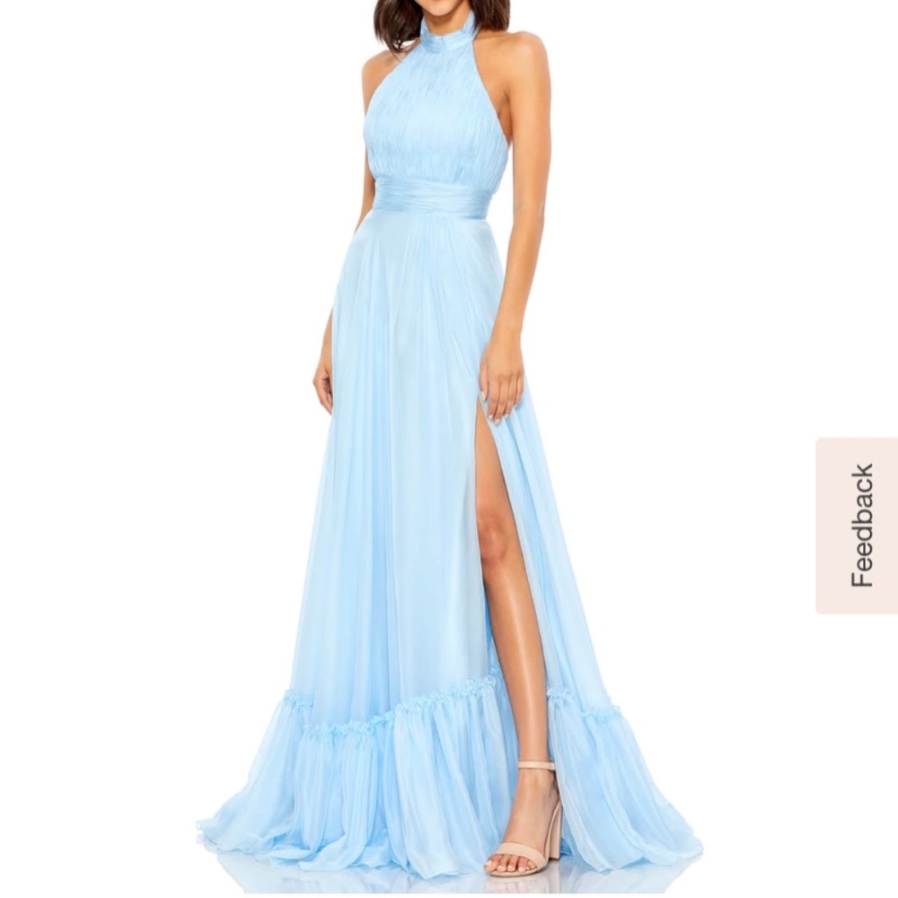 Mac Duggal High Neck Halter Light Blue Chiffon gown with slit (ALTERED)